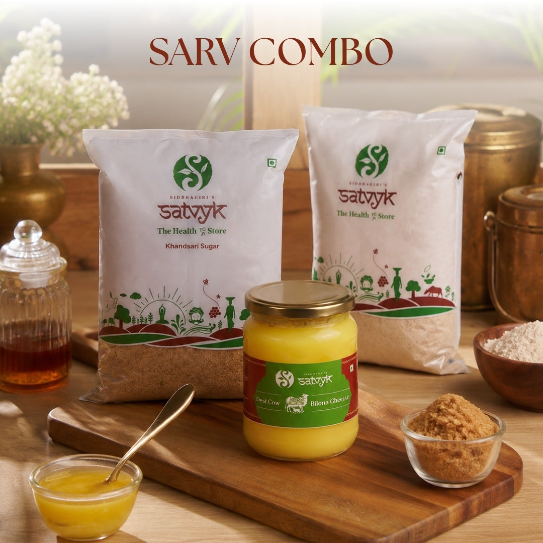 Sarv Traditional Kitchen Essentials Combo | Ghee + Khandsari + Khapli Atta