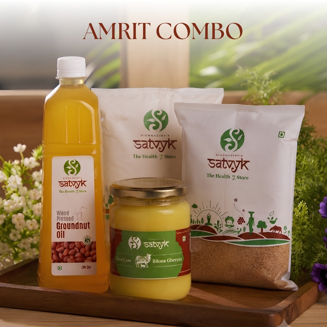 Amrit Healthy Kitchen Essentials Combo | Ghee + Groundnut Oil + Khandsari + Khapli Atta