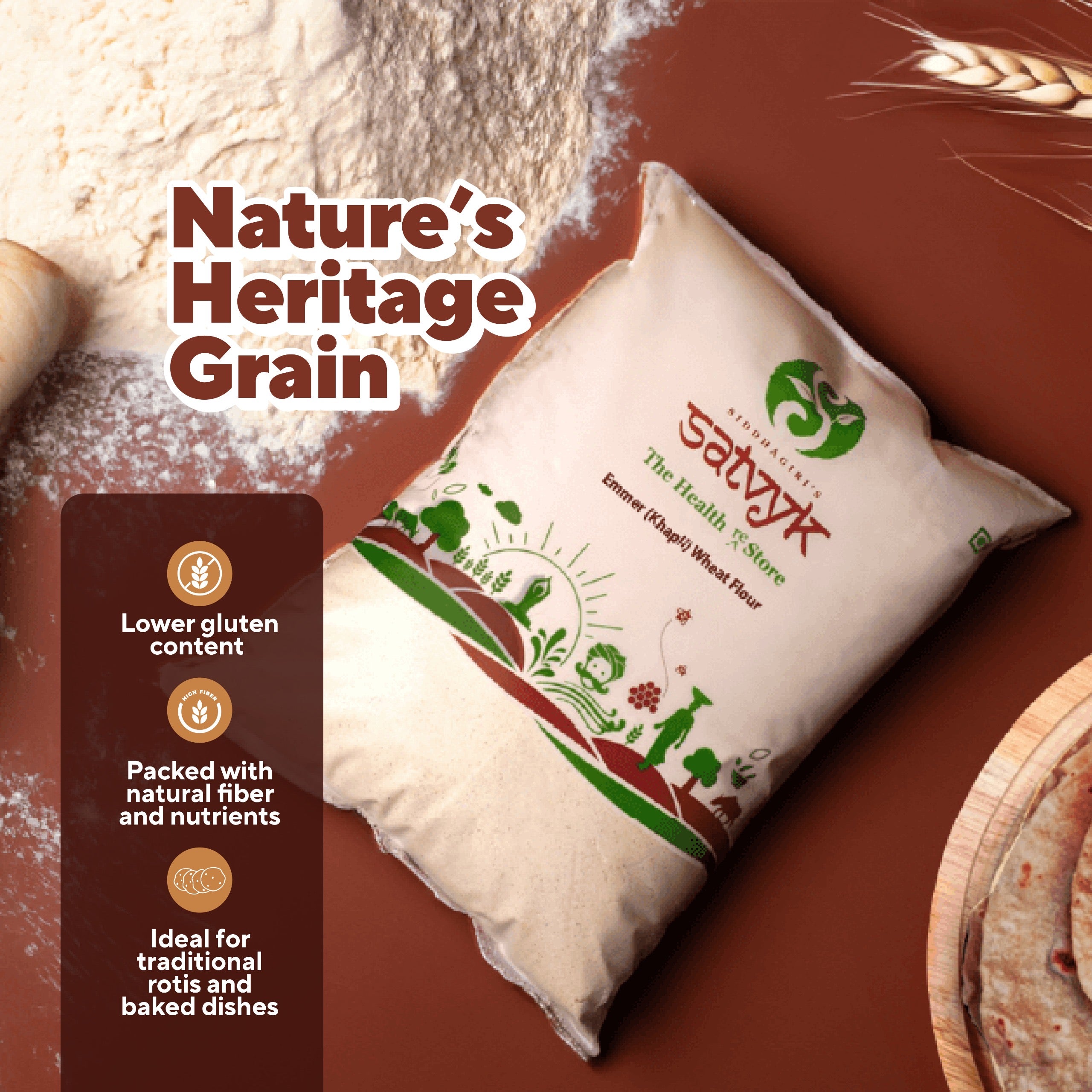 Emmer Wheat Flour | Khapli Wheat Atta | Khapli gehu atta | Low gluten wheat | |Non GMO | Low gluten | Satvyk Khapli Wheat Flour