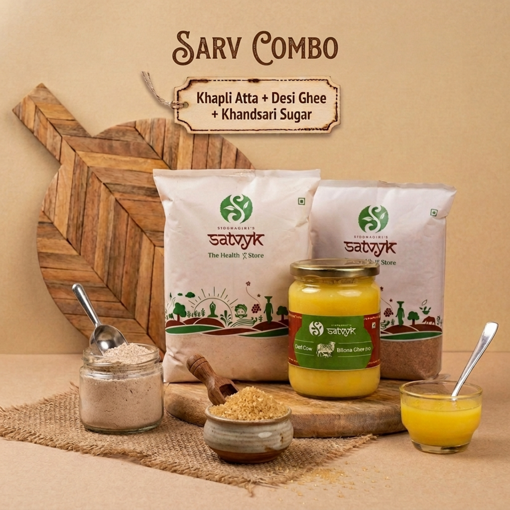 Sarv Traditional Kitchen Essentials Combo | Ghee + Khandsari + Khapli Atta