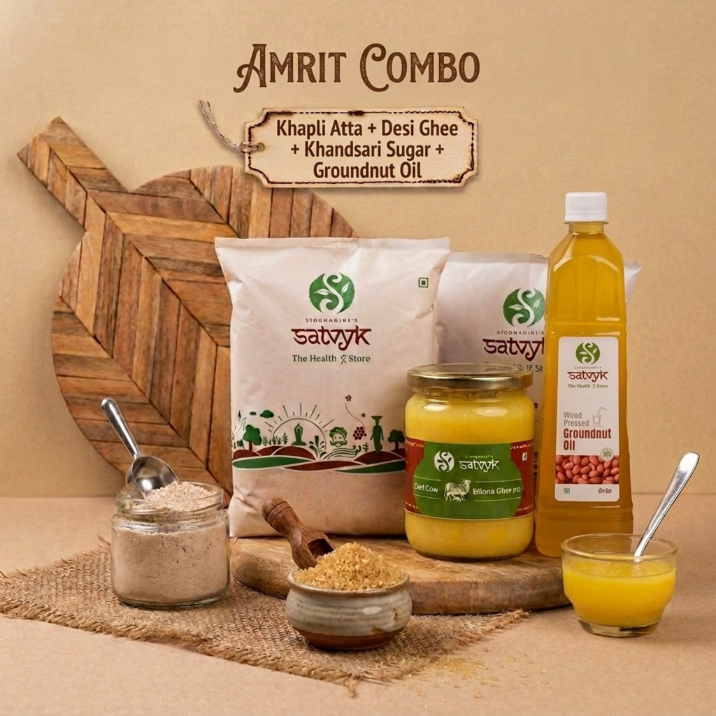 Amrit Healthy Kitchen Essentials Combo | Ghee + Groundnut Oil + Khandsari + Khapli Atta
