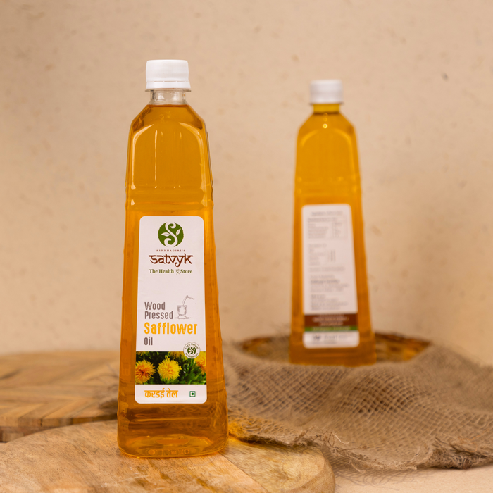 Cold-pressed Safflower oil | Wood pressed Safflower oil | Kacchi Ghani Kardai tel | Safflower oil for cooking | Traditionally extracted using age-old technique | Enriched with nutrition | No Adulteration